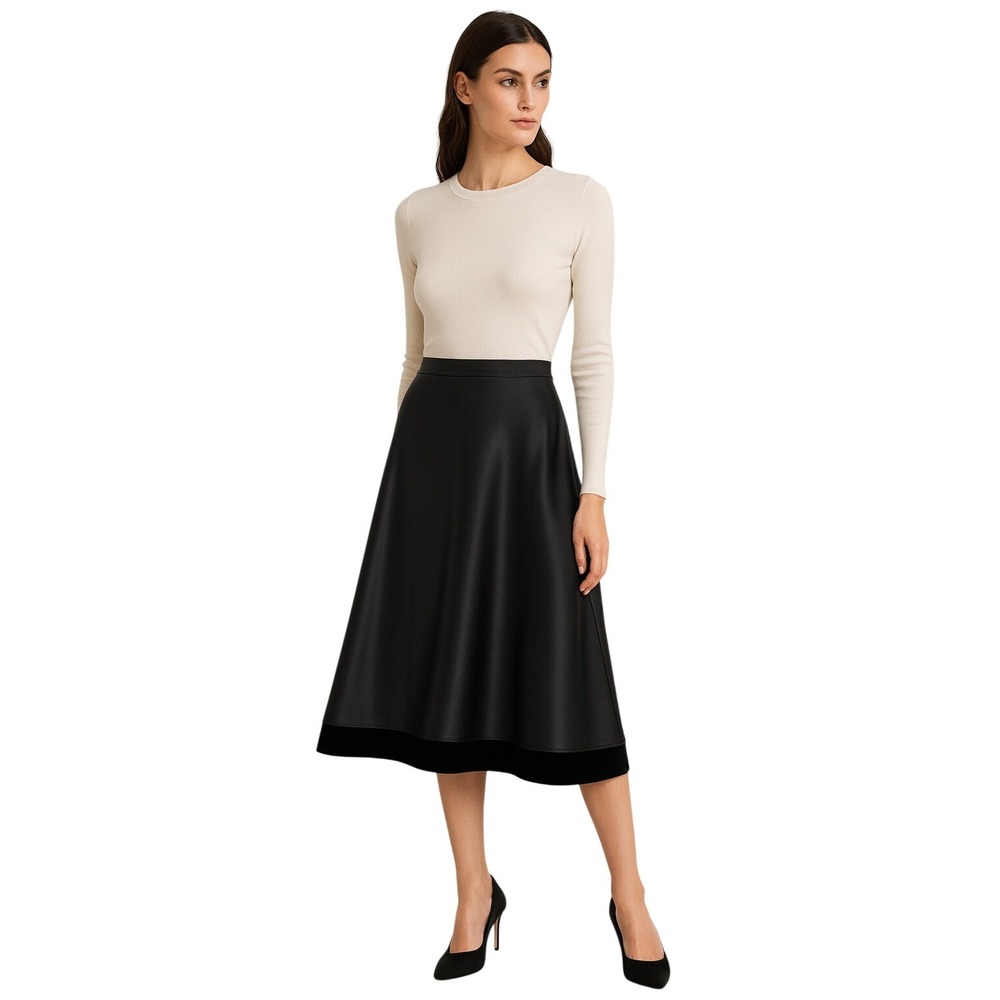 Vintage Tadashi Black Satin Midi‎ Skirt Made in USA Velvet Trim Sz 12 A Line 90s